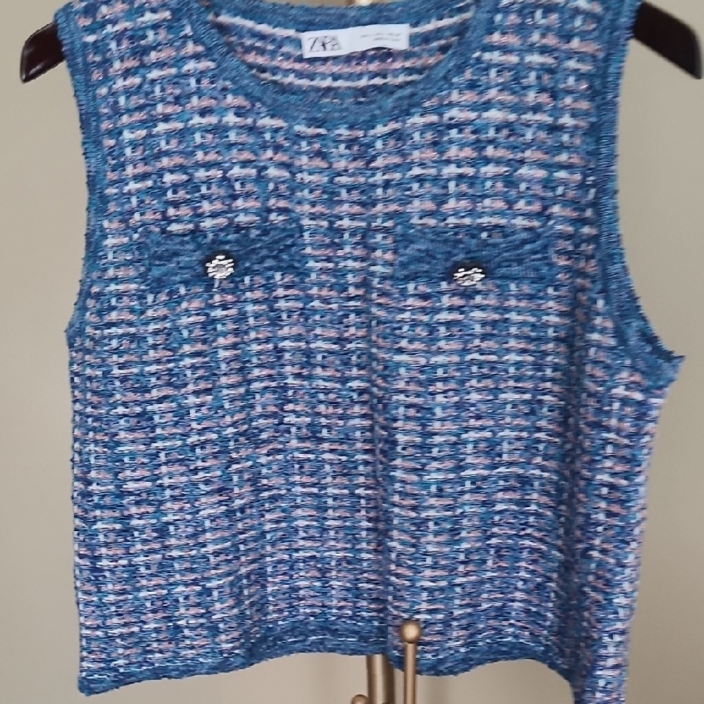 Zara Blue and Pink Tweed Top